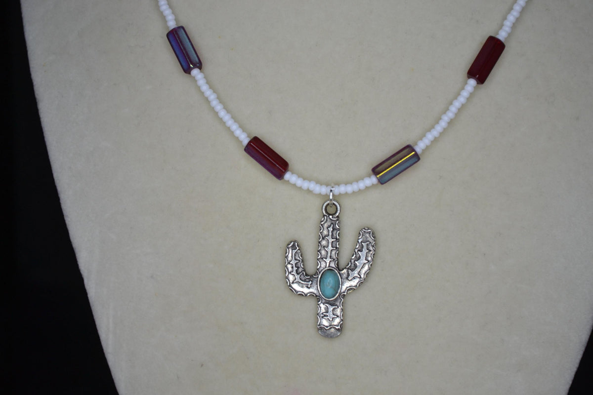 Silver Cactus pendant glass bead necklace. White and metallic garnet
