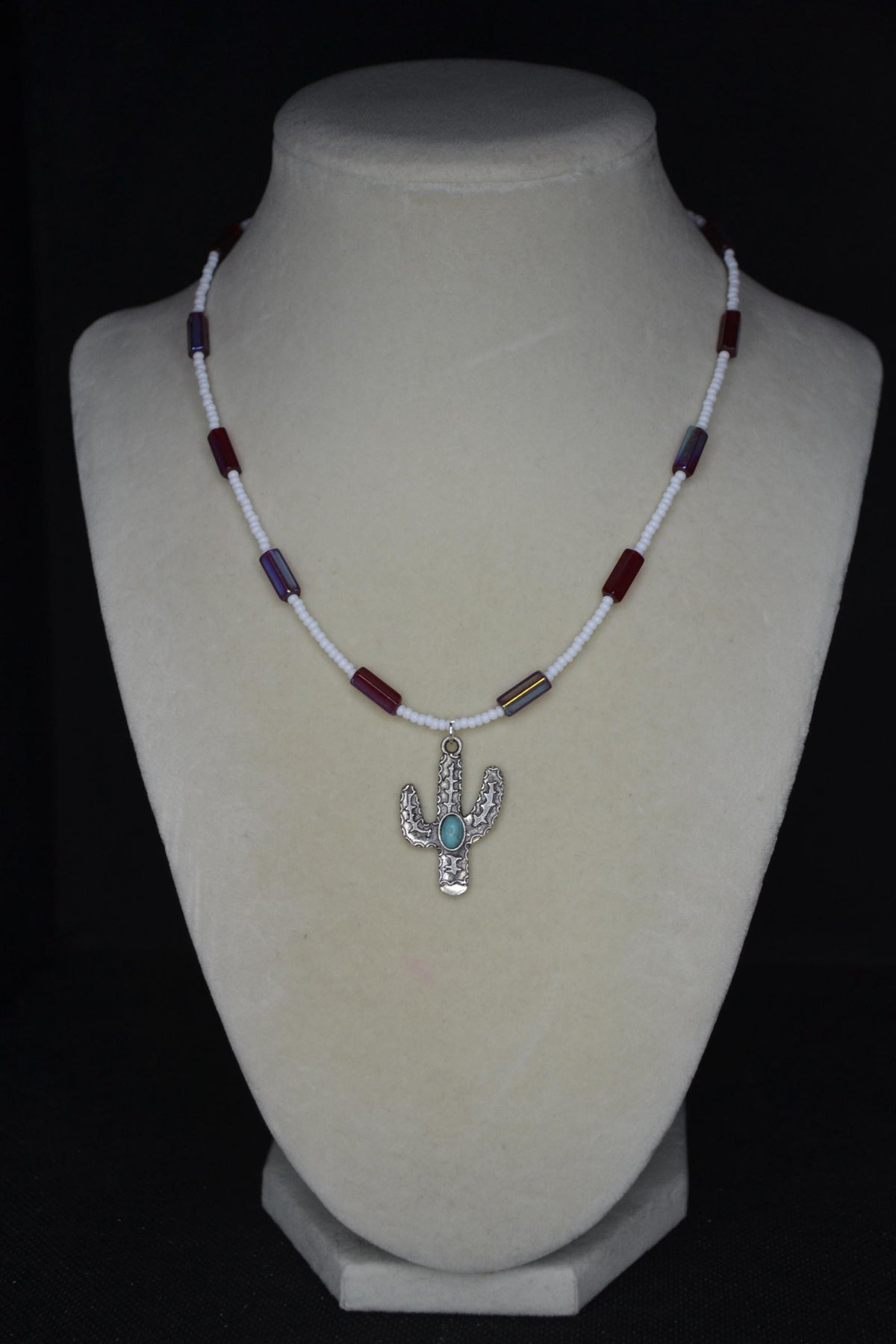 Silver Cactus pendant glass bead necklace. White and metallic garnet