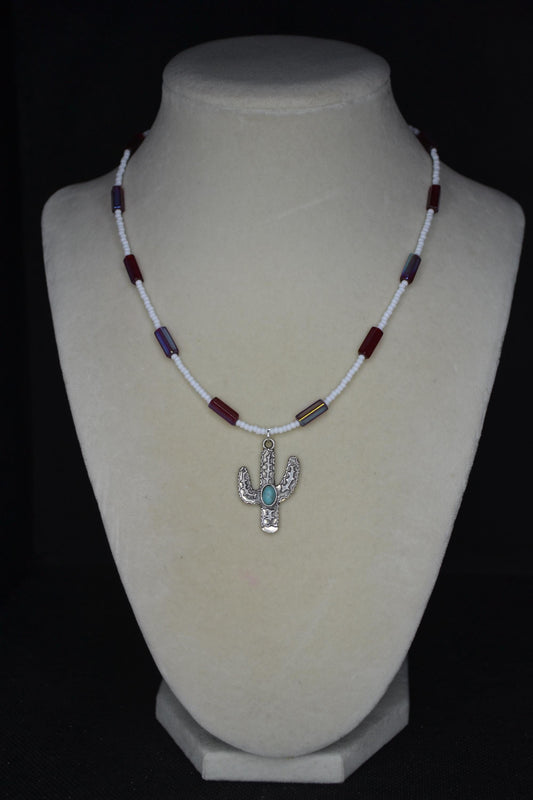 Silver Cactus pendant glass bead necklace. White and metallic garnet
