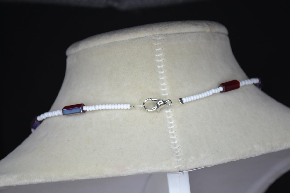 Silver Cactus pendant glass bead necklace. White and metallic garnet