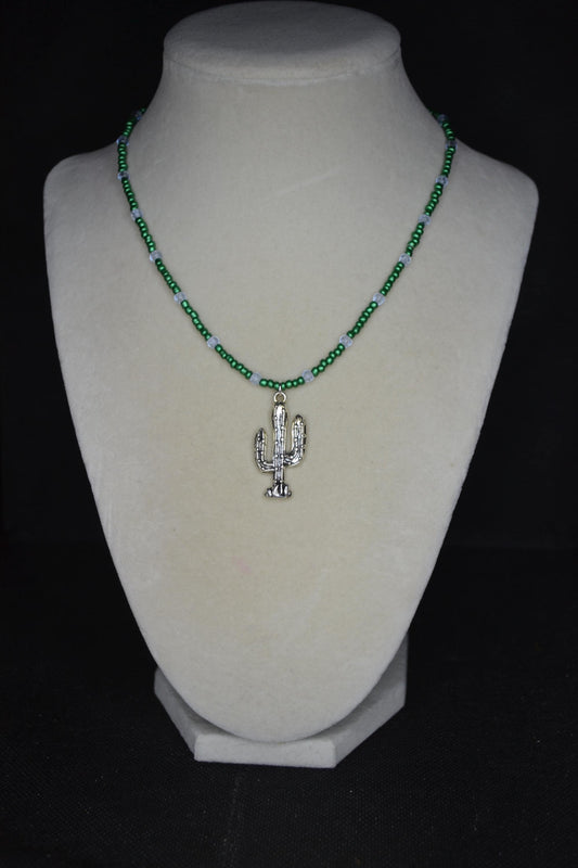 Silver Cactus pendant glass bead necklace. Metallic green