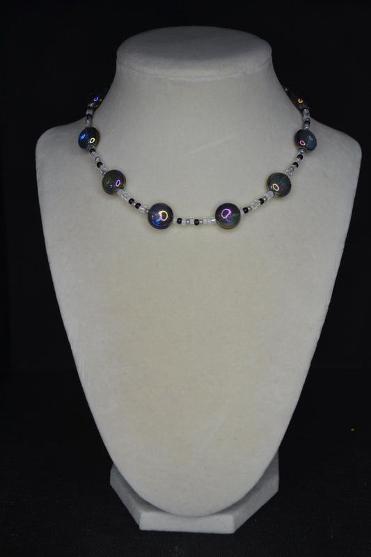 Multicolor glass bead choker. Iridescent blue, black, grey, and white