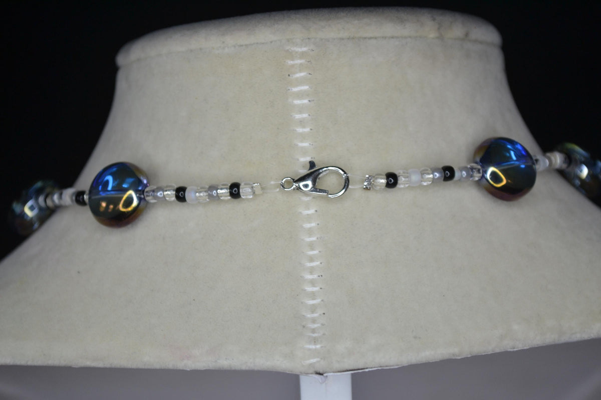 Multicolor glass bead choker. Iridescent blue, black, grey, and white